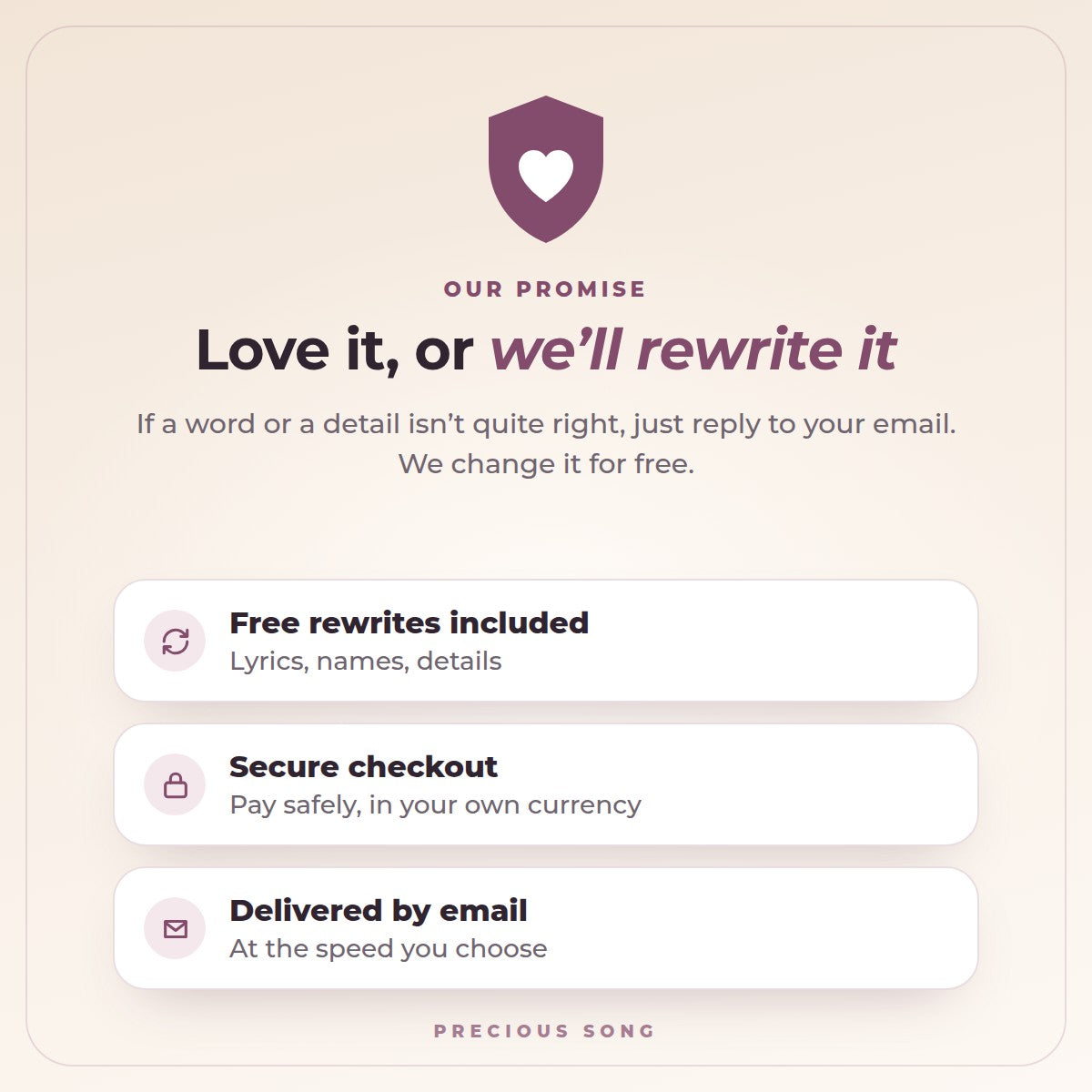 Our promise: love it, or we'll rewrite it. Free rewrites, secure checkout, delivered by email