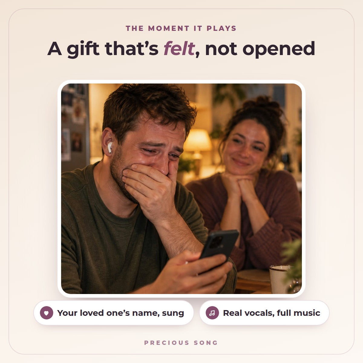 A man in happy tears hearing a song written about him. A gift that is felt, not opened