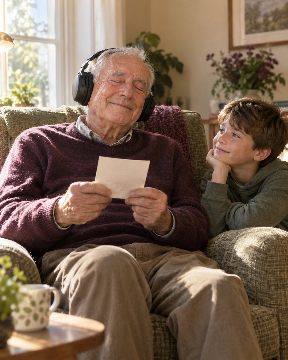 A grandfather listening to his personal song, his grandson beside him